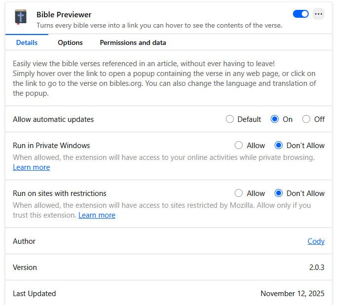 Bible Previewer Browser Extension a browser extension to see the text of verse references in a page on the Internet.